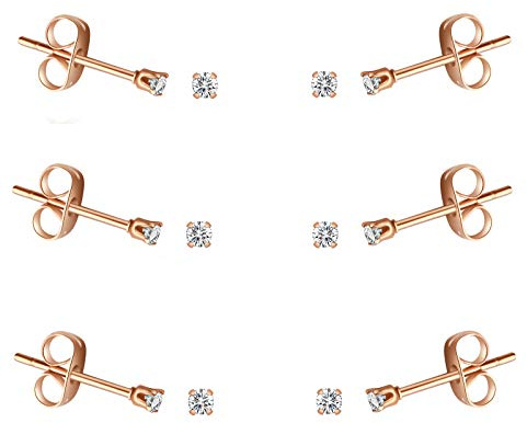 FOSIR 2-4mm Tiny Women's Stainless Steel Round Clear Cubic Zirconia Stud Earrings(6-10 Pairs)
