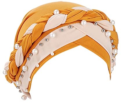 Fxhixiy Damen Hijab Perlen Zopf Turban Hut Kopftuch Krebs Chemo Beanies Bandana Headwrap Cap, Gelb Beige, Einheitsgröße