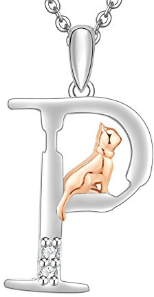 Kette Damen 925 Sterling Silber Halskette Buchstabe P Initialen Katze Buchstabe Anhänger Geschenk Frauen