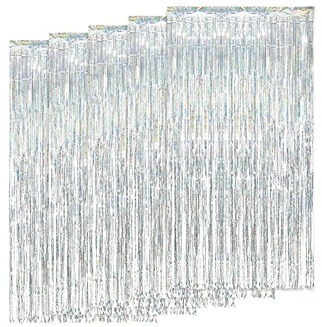 AIBAOBAO 5 Stück Lametta Vorhang Silber, Glitzervorhang Lametta, Glitzer Party Vorhang, Laser-Silber Metallic Regen Vorhang, für Geburtstag Weihnachten Hochzeit Festivals Silvester Deko (1 x 2m)