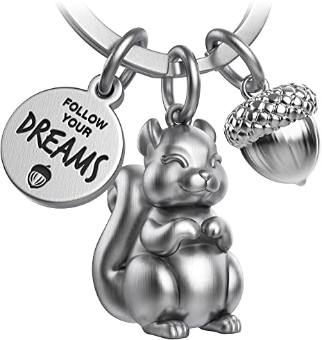 FABACH Eichhörnchen Schlüsselanhänger Skippy mit Gravur - Niedlicher Eichhörnchen Schlüsselanhänger - Eichhörnchen Glücksbringer als Motivation Geschenk für Freundin - Follow your Dreams