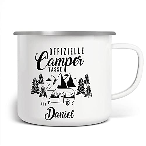FunTasstic Emaille Tasse Camping Offizielle Campertasse mit Wohnwagen in den Bergen - mit Wunschname | Becher | Travel Mug | Van Camper, Farbe:weisssilber, Größe:300ml