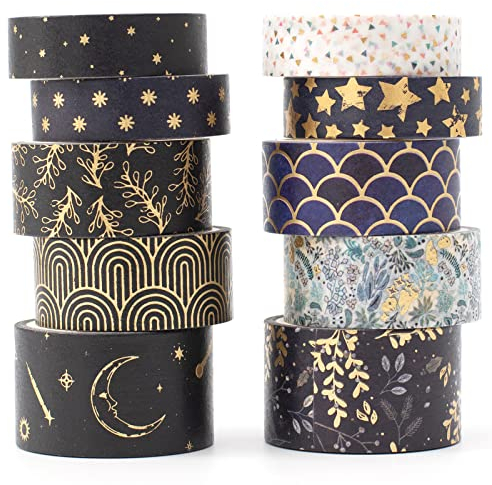YUBX 10 Rollen Washi Tape Set, Masking Tape, Goldfolie dekorative Klebebänder, Klebeband Bunt für Kunst, DIY Handwerk, Tagebuch, Hobel, Sammelalbum, Verpackung (Folien-Mashups)