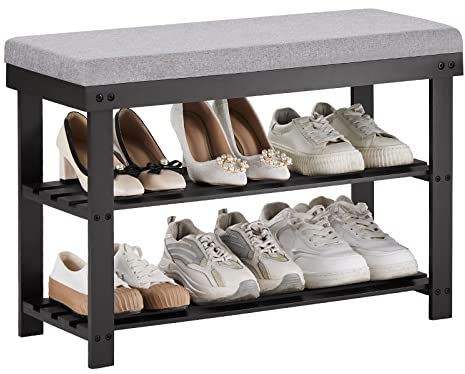 APICIZON Bambus Schuhbank, Schuhregal mit 3 Ebenen, 70×28×50cm, Schuhschrank mit Gepolstertem Sitz für Porch, Wohnzimmer, Schlafzimmer, Badezimmer, Schwarz