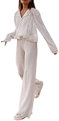 QIUhhpuy Plissee Damen Set, Zweiteiler Elegant Hosenanzug Langarm Revers Bluse + Weites Bein Hose Sommer Herbst Outfit Casual Loungewear Streetwear