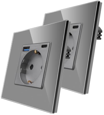 2 paquete CNBINGO Enchufe puertos USB (Tipo-C y Tipo-A 3.1 Amp total) - Enchufe de pared de contacto de protección de diseño simple con marco de vidrio - Toma USB de empotrar en Gris