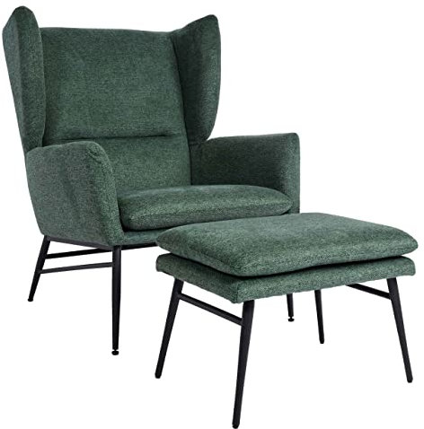 Mendler Lounge-Sessel mit Ottomane HWC-L62, Sessel Polstersessel Cocktailsessel Hocker, Stoff/Textil - grün