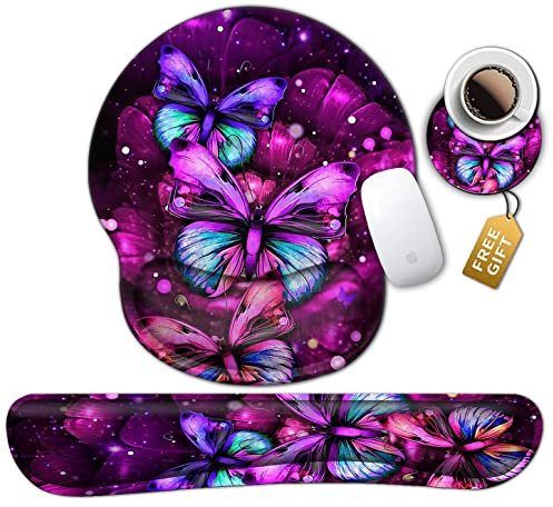 Ergonomic Mouse Pad Wrist Support Set, Soft Gel Round Anime Desk Mat, Memory Foam Keyboard Wrist Rest for Home Office Desk Pad with Non Slip PU Base, Cute Purple Butterfly Pattern Gaming Mouse Pad
