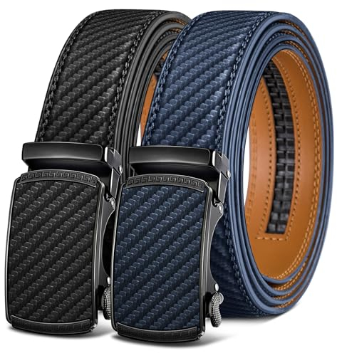 KEMISANT Gürtel Herren 2er, Gürtel Ratsche Automatikschließe Ledergürtel für Herren Verstellbar 35mm Breit mit Geschenkbox(Schwarz/Purpurblau-130cm/38-44 taille verstellbar)