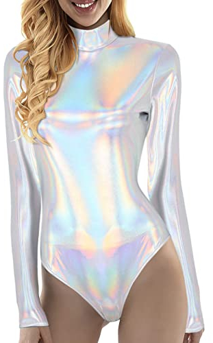 MJIQING Damen Laser Metallic Langarm Ballett Tanz Trikot Leotard Glänzende Ballettanzug Ballettbody Tanzbody Lack Leder Bodysuit Wetlook Body Sport Gymnastik Turnanzug Top Kostüm