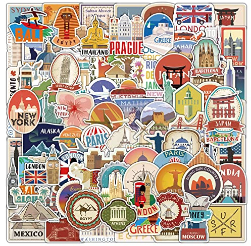 100 Stück Reise Aufkleber Wasserflaschen Laptop Telefon Gitarre Skateboard Computer Koffer Fahrrad Retro Vintage Vinyl Stickers Wasserdicht Ästhetisch Aufkleber für Jugendliche Kinder Erwachsene