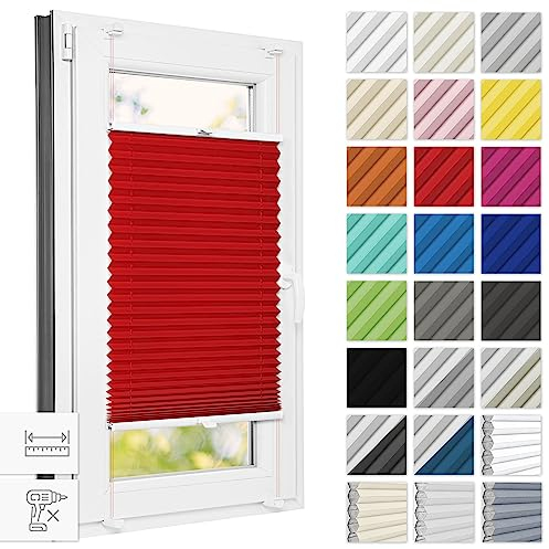 Estika Plissee ohne Bohren 105 cm x 120 cm - Rot - Bruchfeste Klemmhalter, Plissee klemmfix, Rollos für Fenster ohne Bohren, Jalousien Fenster für innen, Raffrollo, Fenster plissee