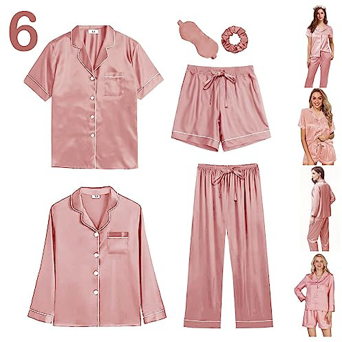Y WJing Yi Jia Ensemble de pyjama 6 pièces en satin de soie pour femme avec boutons, Rose pâle., XXL
