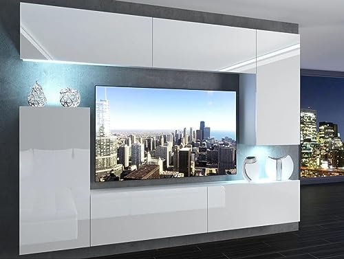 NAKA Wohnwand Sideboard Wohnzimmer Möbel TV-Schrank Lowboard TV-Board Hängeschrank Eiche Sonoma Matt Weiss Hochglanz IMP 8/5/W/WDS/0/0 mit LED Beleuchtung