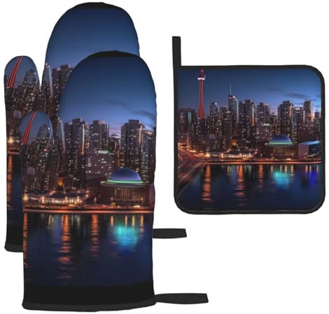 Cityscape Night Canada bedruckte Ofenhandschuhe und Topflappen, 3er-Set, wasserdicht, hitzebeständig, Handschuhe und Topflappen, mit Aufhängeschlaufe