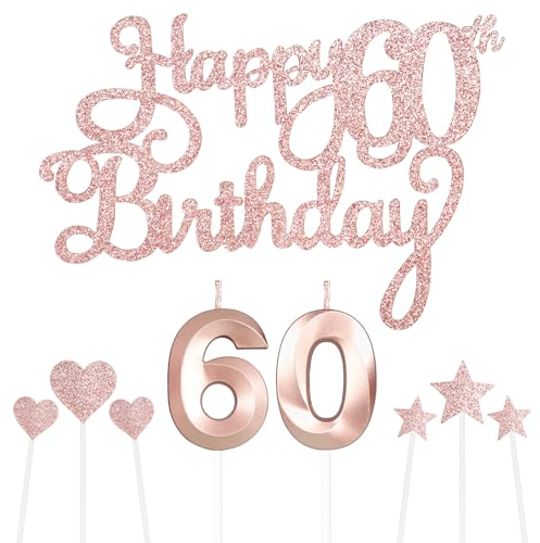 Personalised Rose Gold Happy 60th Birthday Cake Topper Set With Number Candles, Star Cupcake Toppers and Decorations for Her Him Women Anniversary (Set 9)