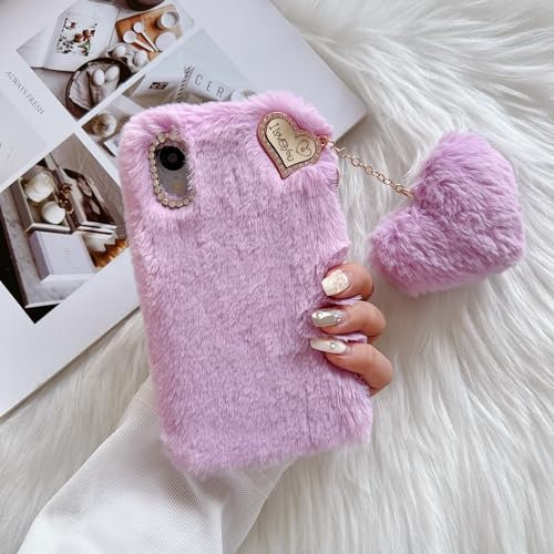 ZTUOK Compatible with iPhone XR for Girls,Luxury Diamond Winter Warm Handmade Soft Fur Fluffy Plush Furry Shockproof Protective Phone Case Cover for iPhone XR-Purple