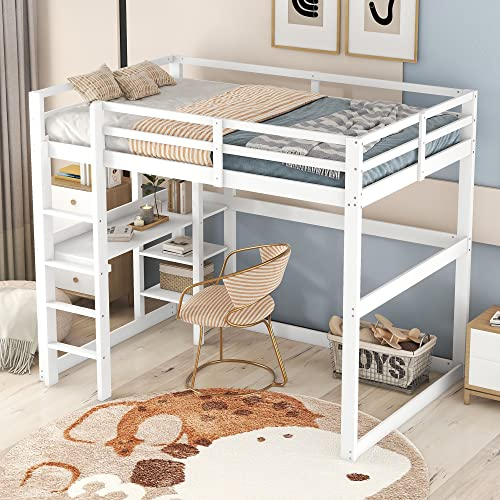 WIZBED Kinderbett, Hochbett 140x200cm mit 4 Ablagefächern und Schreibtisch, Kinder Bett, aus Kiefer, inklusive Lattenrost, für Kinder, Jugendliche und Erwachsene, ohne Matratze weiß