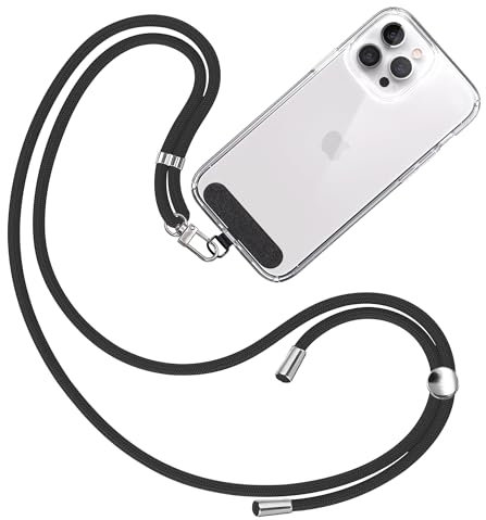 TBOC Cordon Telephone Portable [Noir] avec Patch de Fixation en Tissu [Noir] Chaine Telephone Portable Ajustable et Résistant Compatible avec Toutes les Marques de Téléphones Mode Homme et Femme