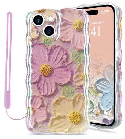 Micoden for iPhone 13 Case Oil Retro Floral Print Curly Wave Silicone Case Aesthetic Fashion Flower Girls Women Phone Case with Strap for iPhone 13 Purple