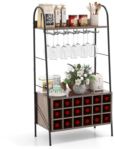 COSTWAY Porte-Bouteille Industriel avec Porte-Verres, 18 Bouteilles & 15 Verres, Casier à vin Amovible, Étagères de Rangement pour Cuisine, Salle à Manger, Bar, 32 x 63 x 114,5 cm, Marron Rustique