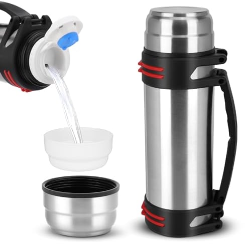 Lycasia Thermo Flask 2L, Stainless Steel Flasks for Hot and Cold Drinks, Vacuum Flasks with Handle and Shoulder Strap, Double Walled Large Insulated Bottle for Camping, Hiking and Cycling (Silver)