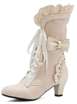 crazynekos Stivali da donna a metà polpaccio, tacco medio, con lacci, per cosplay, kawaii, Beige e bianco., 39.5 EU