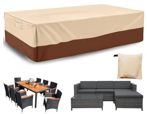 Housse Salon de Jardin, Housse de Table Jardin Rectangulaire, Couverture de Protection Meubles Bâche Salon de Jardin Imperméable Anti-UV, Bache Table Exterieur (Beige & Braun, 230*165*80cm 600D)