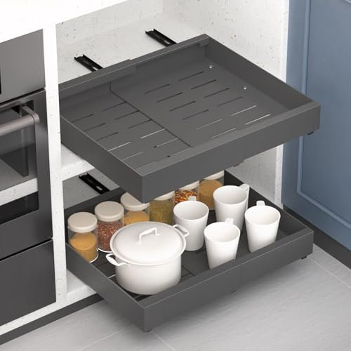 Alishomtll Pull Out Cabinet Organizer, Extendable Slide Out Drawer Storage Shelves, Roll-Out Sliding Drawer Organiser, with Nano Film, No Need Drill, for Kitchen Bathroom 31-51x42x7cm Grey