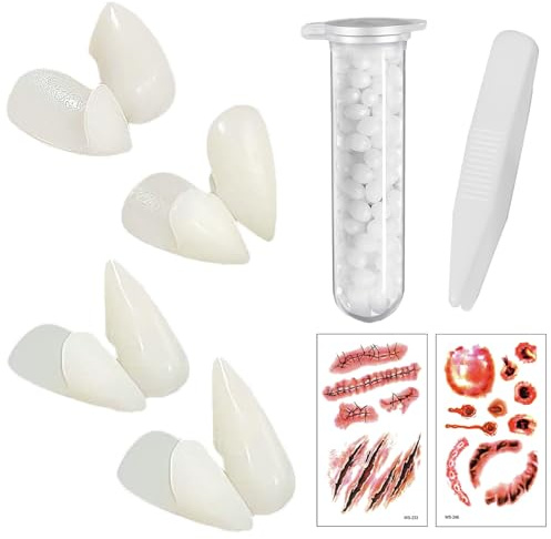 4 Pair Vampire Fangs, Vampire Teeth with 1 Tube Tube Teeth Pellets Adhesive and 2 Sheets Halloween Tattoo, Dracula Teeth for Party Props Halloween Party (13mm 15mm 17mm 19mm)