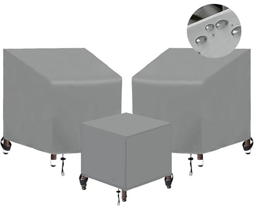 3 Piece Outdoor Veranda Patio Garden Furniture Cover Set with 420D Waterproof Fabric, Patio Furniture Covers with Windproof Buckle Strap Fit for Outdoor Wicker Rattan Chair Sets, Grey