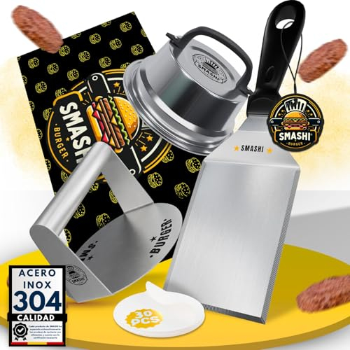 SMASHI® Smash Burger Kit Piezas Profesional Acero Inoxidable 304 Certificado EU Contacto Alimentos | Prensa Hamburguesas Smasher Tratamiento Antiadherente | El Auténtico Kit Smash Burger (4 Piezas)