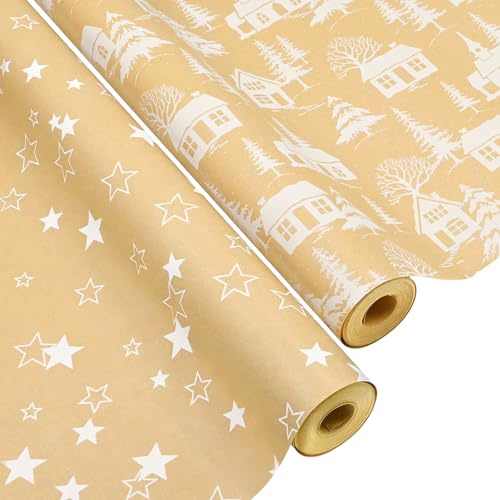 2 Rolls Christmas Kraft Wrapping Paper Roll,QRTDXP 43cm*12m Eco Wrapping Paper with Star and Xmas Tree House Perfect for Packing Birthday Xmas Present