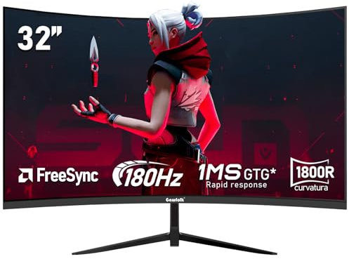 Gawfolk 32 Inch Curved 1800R PC Gaming Monitors 180hz, FHD 1080p 1ms without Bezel, freesync, 98% sRGB,178 ° Angle View HDMI、DisplayPort, Compatible with Mural VESA100*100MM - Black
