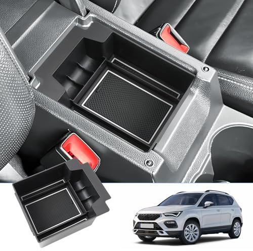 BIXUAN Ateca 2024 kompatibel mit Seat Cupra Ateca SUV FR 2016-2022 2023 Mittelkonsole Aufbewahrungsbox Rutschfester Matte Ablagefach Zubehör Armlehne Organizer Tray Mittelarmlehne Handschuhfach (Weiß)