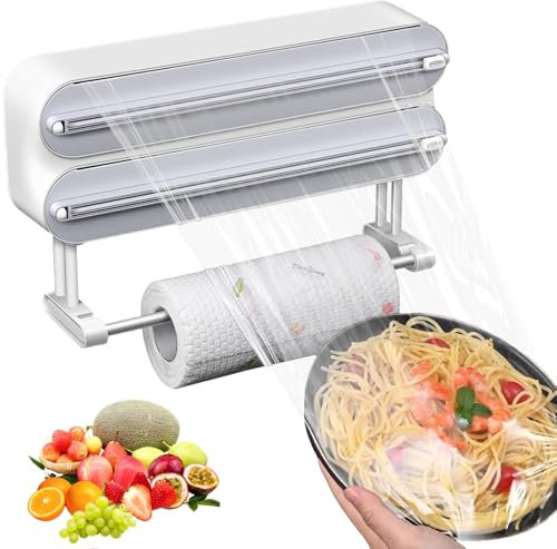 aichilra dispensador Papel Aluminio y Film, Upgraded Aluminum Magnetic Film Transparente Papel Organizer with Long Lasting Sharp Sheet, 3 in 1 portarrollos Papel Cocina, Blanco