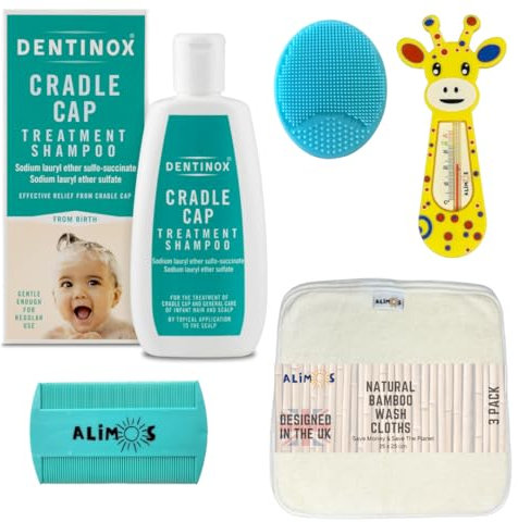 Alimos Baby Bath Silicone Brush & Fine Tooth Comb Bundled With Dentinox Cradle Cap Treatment Shampoo 125 milliliters, Bamboo Wash Cloths (3 Pack) and Bath Thermometer