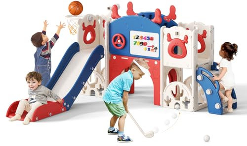 Lischwert Kinderrutsche, 7-in-1-Rutsche für Kleinkinder, Indoor- und Outdoor-Rutschenset für Kleinkinder, kommt mit Golfset, Zeichenbrett, Rutsche und Basketballständer, Teleskop (WPX-10-blau rot)