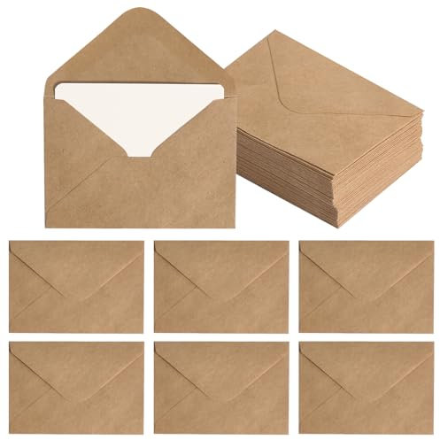 Kraftpapier Umschläge 100 Stück Mini Briefumschläge mit 100 Stück Blanko Karten Set, Kleine Briefumschläge Braun Briefumschläge Klein Umschläge für Geldgeschenke Dankeskarten Einladung