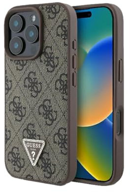 CG Mobile Guess Leather 4G Triangle Strass Hülle für iPhone 16 Pro (Braun)
