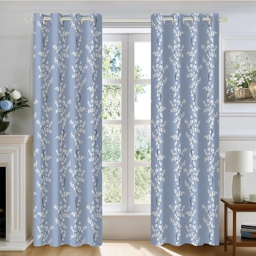 PAOPOED Blue Floral Blackout Window Curtains, Watercolor Floral Leaf Print Farmhouse Decor for Bedroom, Living Room, Grommet Window Drapes 2 Panel Set, 52x84