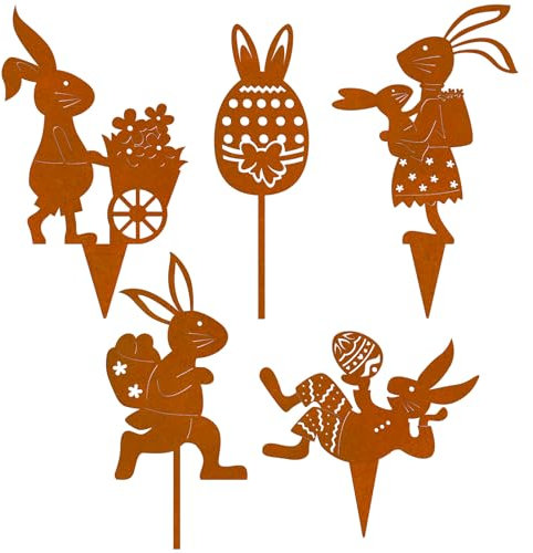 PAIVSUN Osterhase Deko 5er Gartenstecker, Ostern Rost Blumenpott deko für Draußen, Rost Metall Osterdeko Hasen Roststecker für Ostern und Frühling Gartendeko