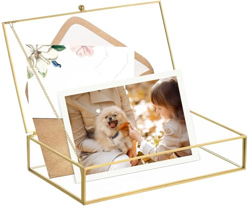 AMGSH Goldene Vintage-Glas-Andenken-Box, Schmuckkästchen, Fotokarten, Schattendeckel, dekorative Glasbox für Display, klare rechteckige Box, Ringe, Armbänder, Ohrringe, Schmuckaufbewahrung (22 x 13 x
