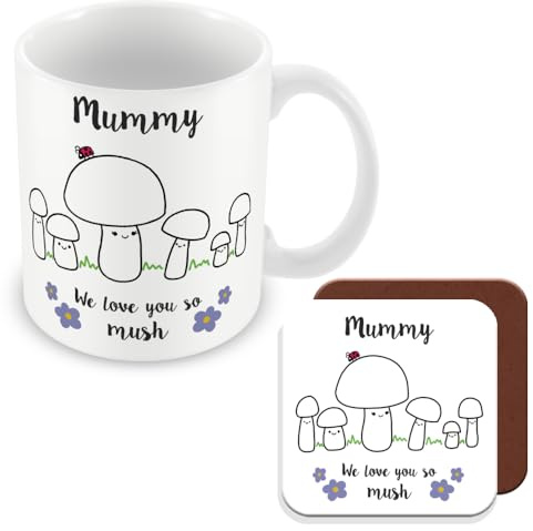 MUGGZ - Mummy We Love You So MUSH - Mug & Coaster - Cute Mushroom Mummy Mug - Gift for Mum - Mum 5 Children