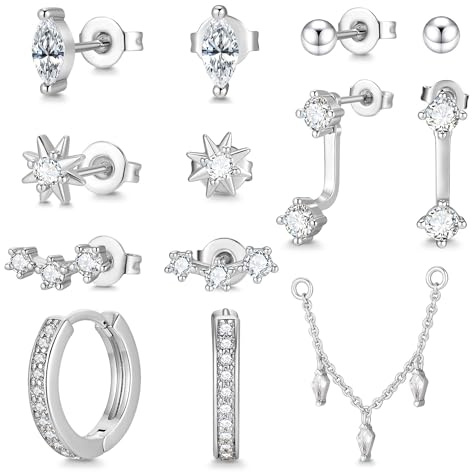 MACACHII 13Pcs Ohrringe Silber Schmuck Damen Set 14 Karat Vergoldet Wasserfester earrings Ohr Helix Tragus Für Mehrere Piercings für Frauen Mädchen Kinder