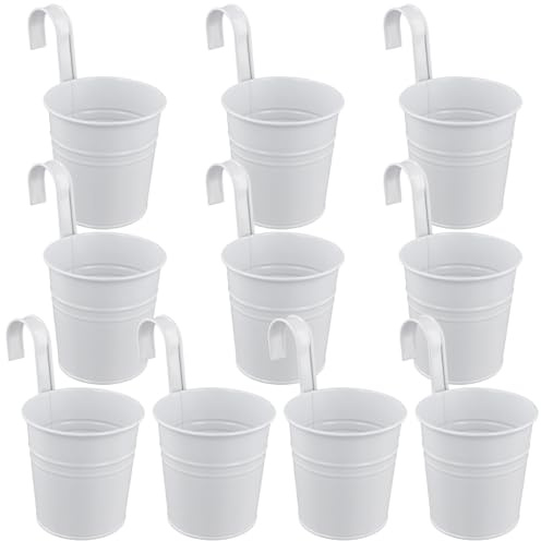 FAAING 10 Stück Weiß Hängetöpfe, 10cm Metall Hängetopf mit Abnehmbarem Haken, kleine Blumentöpfe zum Aufhängen, Weiss Blumentopf Hängend für Garten Zaun