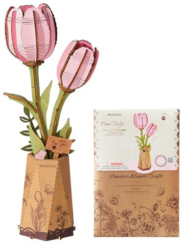 rowood Flores Artificiales Tulipán Rosa 3D Puzzle DIY Flor de Madera Maqueta Kits de Construcción para Ensamblar Kit de Manualidades para Adultos Decoración del Hogar y Juego de Regalo de San Valentín