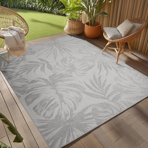 Teppium Outdoor Teppich Grau 280x370 cm, Wetterfest & UV-beständig, ideal für Küche, Balkon, Terrasse, Garten auch Wohnzimmer und Esszimmer, Palmblätter-Design