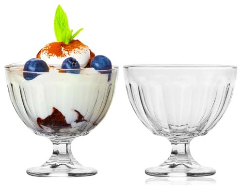 UNIQUE HOME LIVING Ice Cream Bowls Set of 2, 400ml Dessert Serving Glass Bowl for Ice Cream Sundae Fruit Cocktail Trifle Bowls, Pudding Glass Cups, Wide Bowl Dessert Glasses, Dishwasher Safe Cups