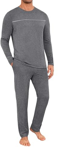 Marvmys Mens Pyjama Set Long Sleeve T-Shirt & Bottom Pants With Pockets Soft 2 Piece Casual Home Loungewear Nightwear Pjs